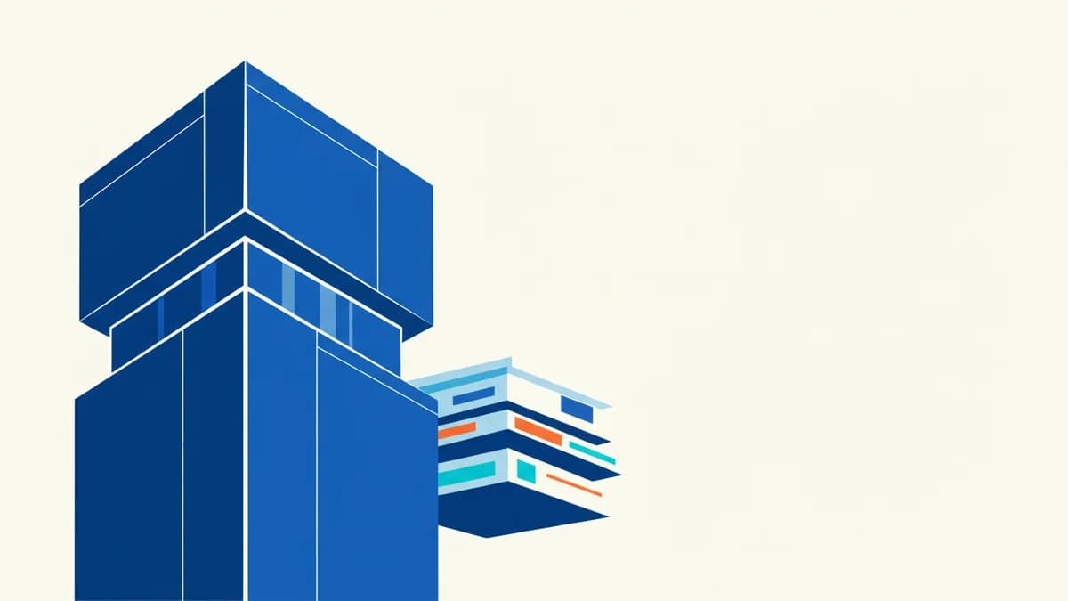 Glass office tower corner with a stack of quarterly reports